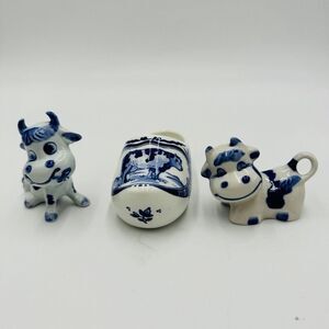 Royal Delft Miniatures Cows Dutch Shoe Porcelain Lot of 3 White & Blue